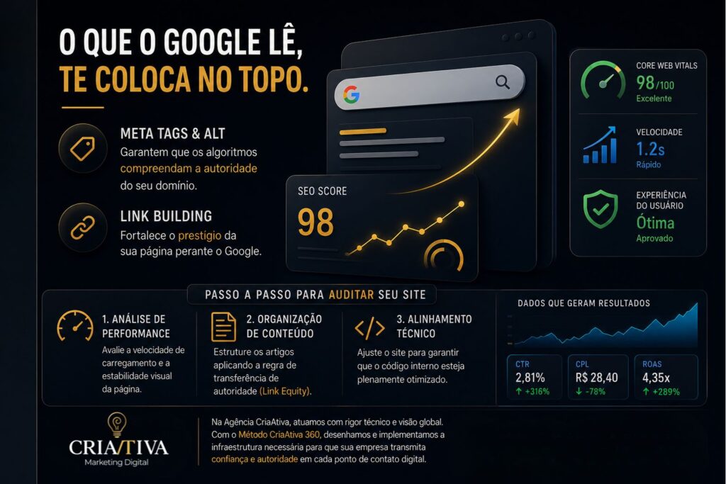 Diagrama técnico ilustrando os pilares da Otimização On-Page e performance de sites.